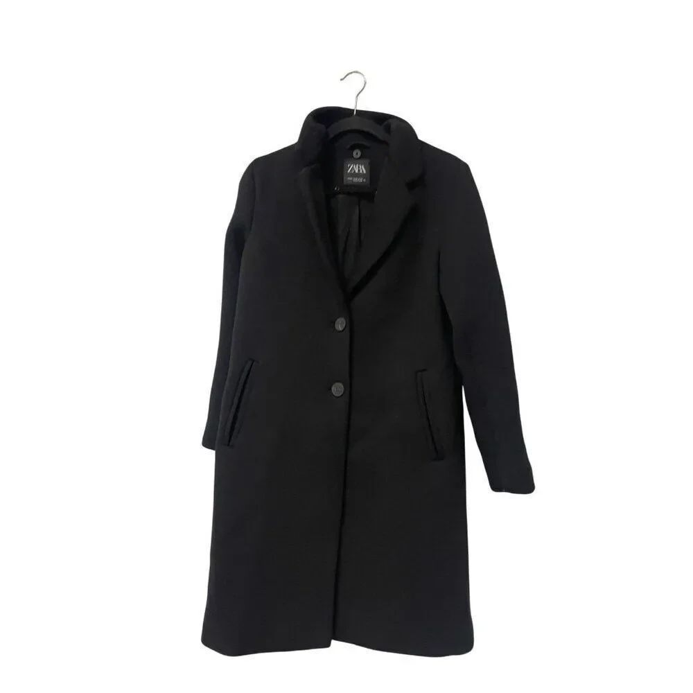 Zara Womens Overcoat Coat Jacket Mid length XS Black Stretch 8073/264 NWOT